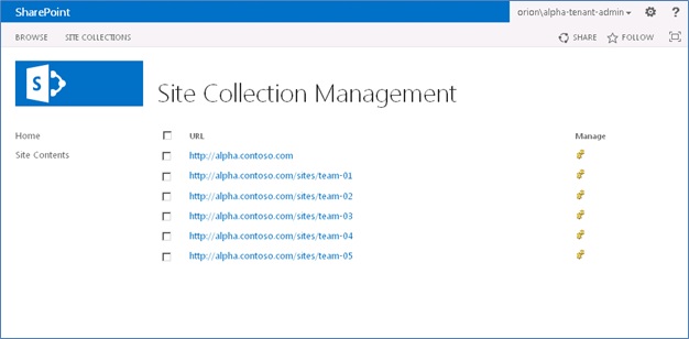 This diagram shows the Site collection management page from the Tenant Administration site