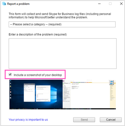 Skype for Business client reporting form.