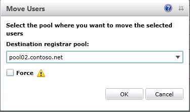 Move Users, destination registrar pool dialog box.