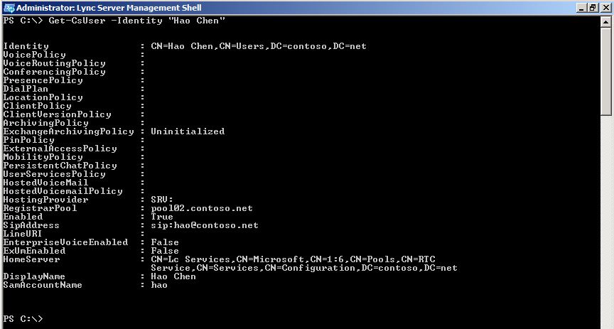 Output of PowerShell Get-UsUser -Identity  cmdlet.
