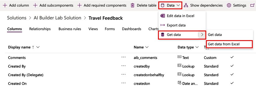 Screenshot of Travel Feedback screen with import option to get data from Excel.