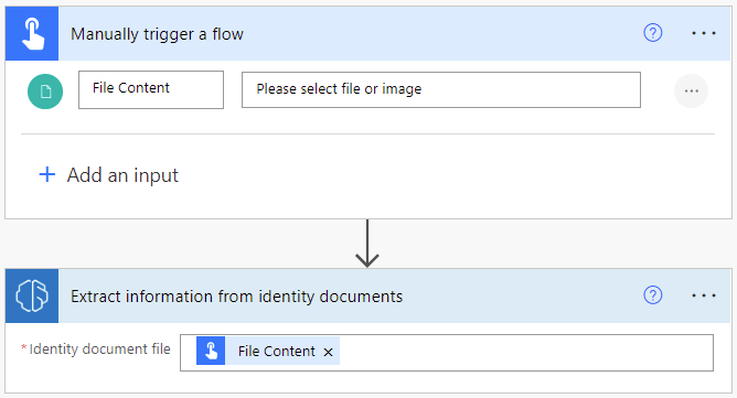 Screenshot of a manually triggered extract information step in a flow, with an identity document selected.