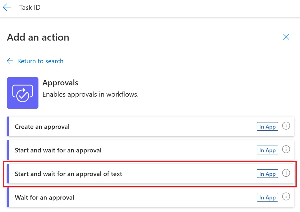 Screenshot of the 'Start and wait for an approval of text' action.