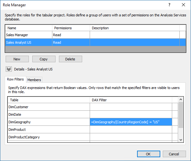 Screenshot of the Role Manager dialog box showing the DAX filter for DimGeography table.