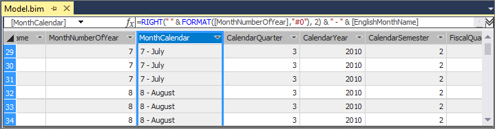 Screenshot of the model designer with the column renamed to MonthCalendar.