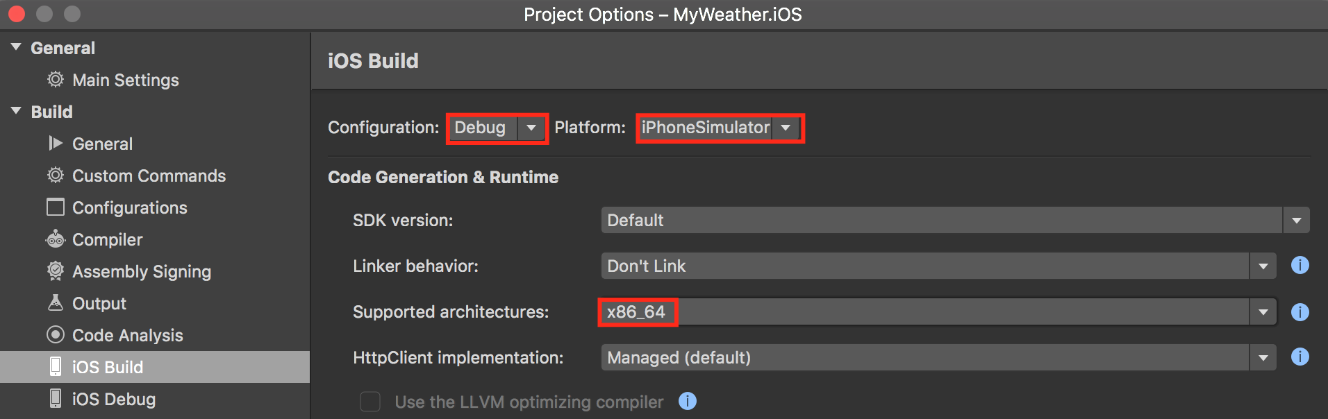 Set x86_64 in Supported Architectures for iPhoneSimulator configuration in Xamarin.iOS application