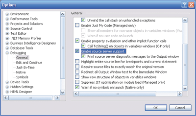 Figure 7 Turning on Source Server in Visual Studio