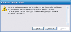 Figure 9 PInvokeLog MDA in Visual Studio