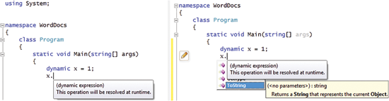image: IntelliSense for a Dynamic Object in Visual Studio 2010, with and Without ReSharper