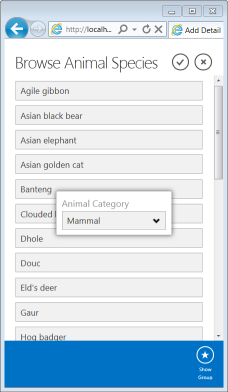 List of animal species with a popup to filter by category