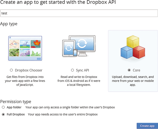 Choices for Creating a Dropbox App