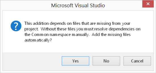 Message asking whether to add dependent template files