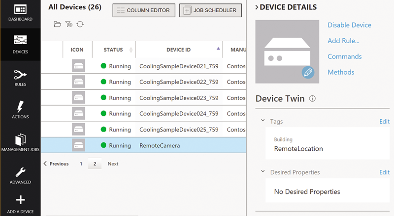 The IoT Portal Devices Tab Showing RemoteCamera Details
