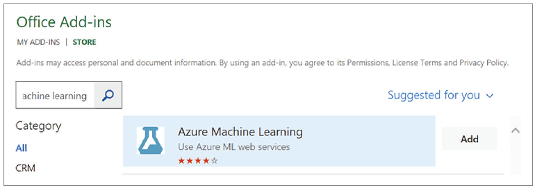 Searching the Store for the Azure Machine Learning Add-in