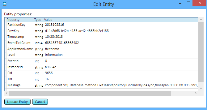 screenshot showing the Edit Entity Properties and what each property should look like for a successful update with how much time it took.
