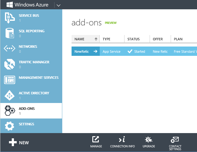 New Relic add-on in management portal