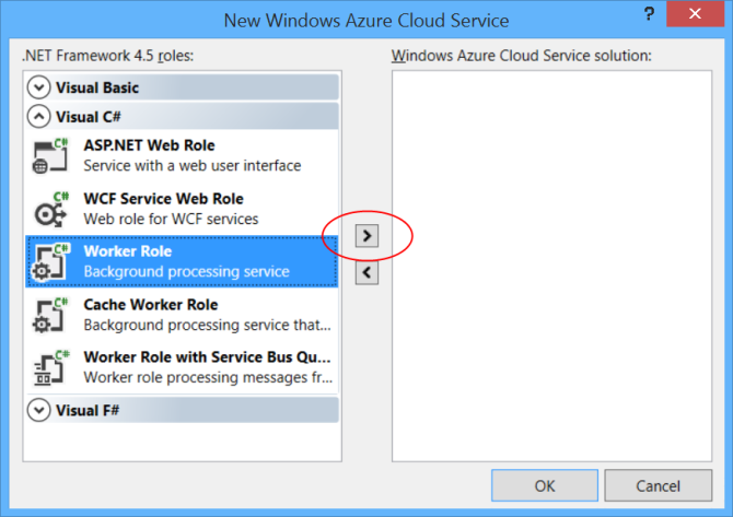 The following screenshot shows a continuation of the previous image, and shows the different selections available for the Azure Cloud Service, highlighting the correct one.