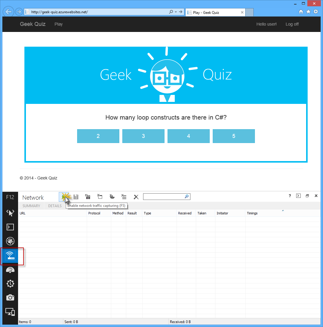 Screenshot shows the Greek Quiz web app with the pointer selecting Enable network traffic capturing as part of verifying the scaling procedure.