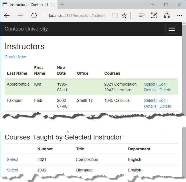 Instructors Index page instructor selected