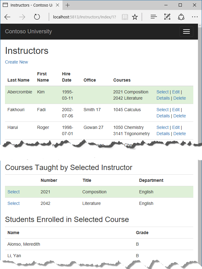 Instructors Index page instructor and course selected