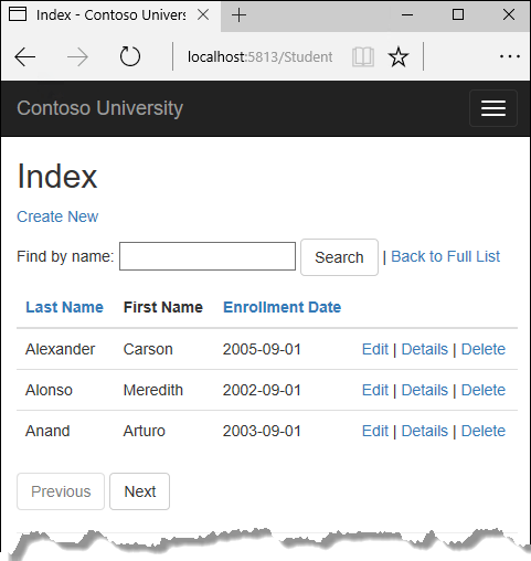 Students index page showing dates without times