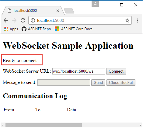 Initial state of webpage before WebSockets connection