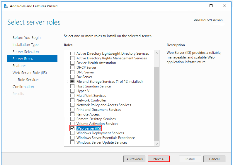 The Web Server IIS role is selected in the Select server roles step.