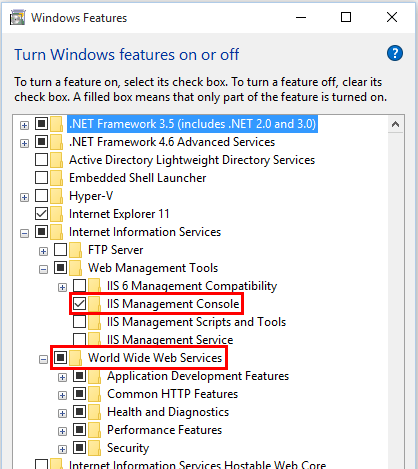IIS Management Console and World Wide Web Services are selected in Windows Features.