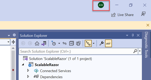 A screenshot showing the Visual Studio account sign-in.