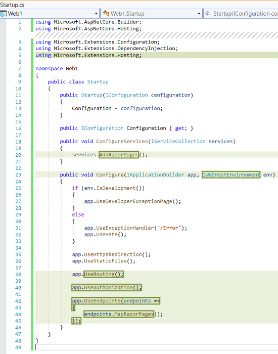 the added and changed lines in an ASP.NET Core 3.0 Razor Web app