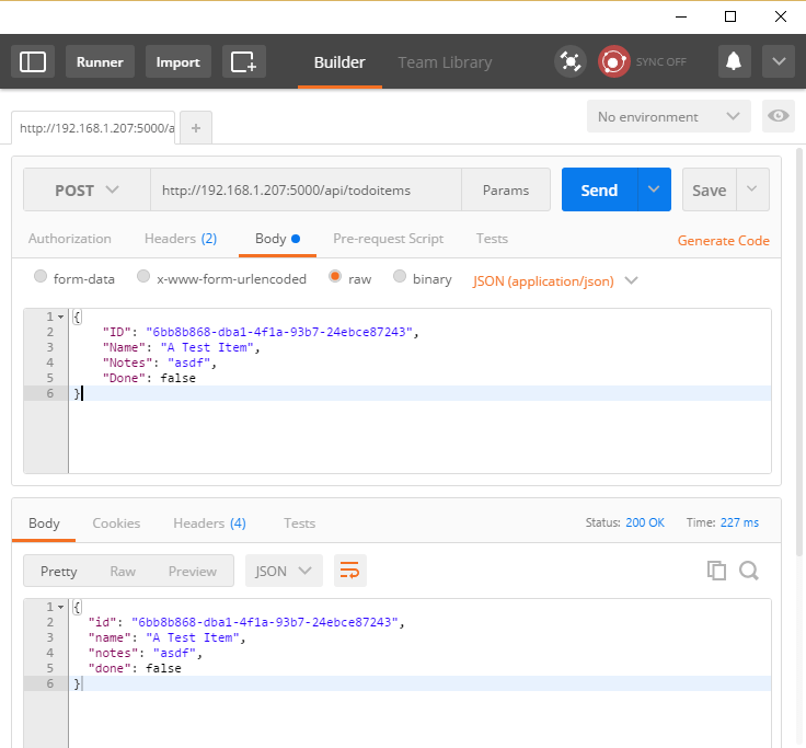 Postman console showing a POST and response