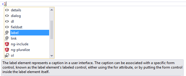 After typing "l" on the keyboard, IntelliSense suggests a list of possible tag names with "label" selected.