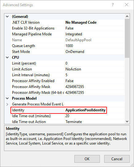 Application pool advanced settings dialog