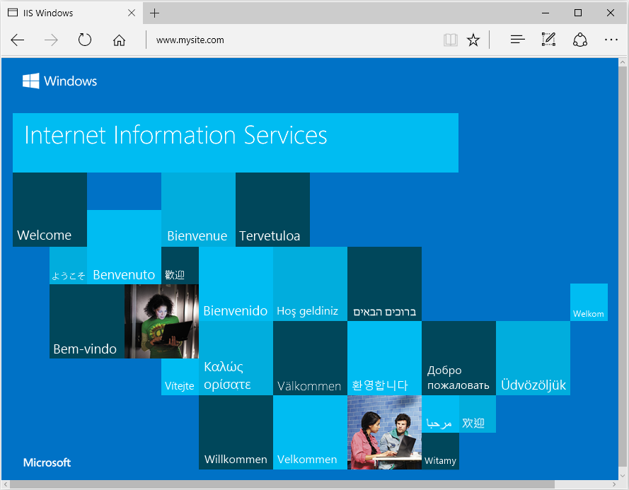 Microsoft Edge 브라우저가 IIS 시작 페이지를로드했습니다.