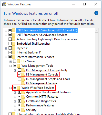 IIS 관리 콘솔 및 World Wide Web 서비스는 Windows 기능에서 선택됩니다.