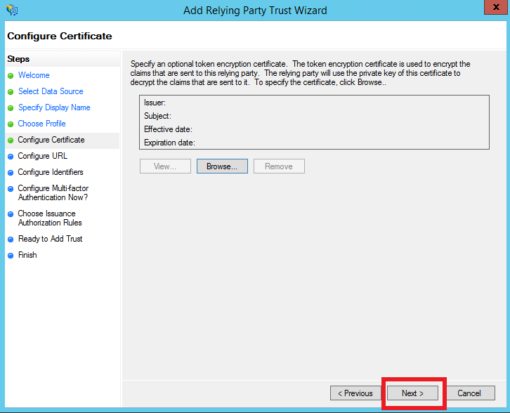 Add Relying Party Trust Wizard: Configure Certificate