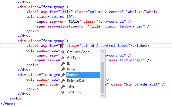 The developer has typed the letter R for the attribute value of asp-for in the second label element of the view. An Intellisense contextual menu has appeared showing the available fields, including Rating, which is highlighted in the list automatically. When the developer clicks the field or presses Enter on the keyboard, the value will be set to Rating.