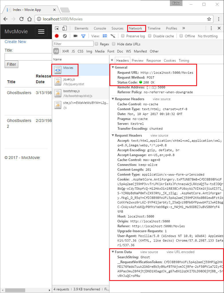 Network tab of Microsoft Edge Developer Tools showing a request body with a searchString value of ghost