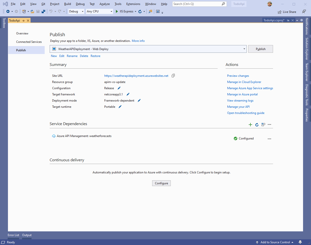 Screenshot of Visual Studio with the publish profile displayed