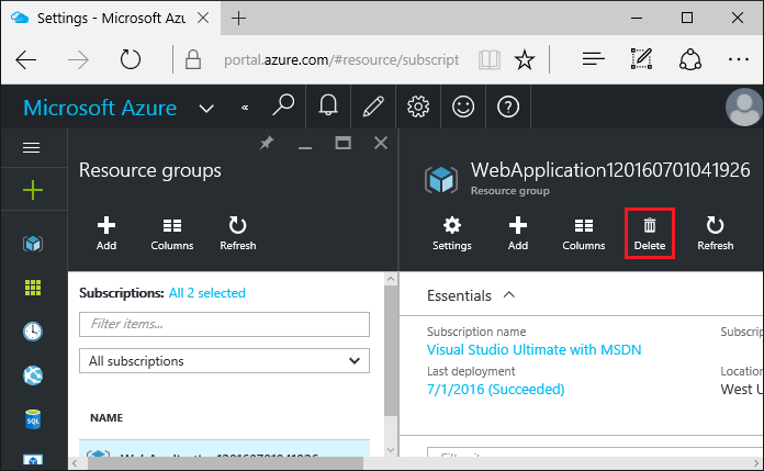 Azure Portal: Resource Groups page