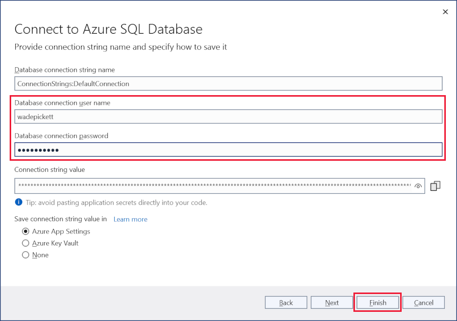 Configure Azure SQL Database dialog, connection string details