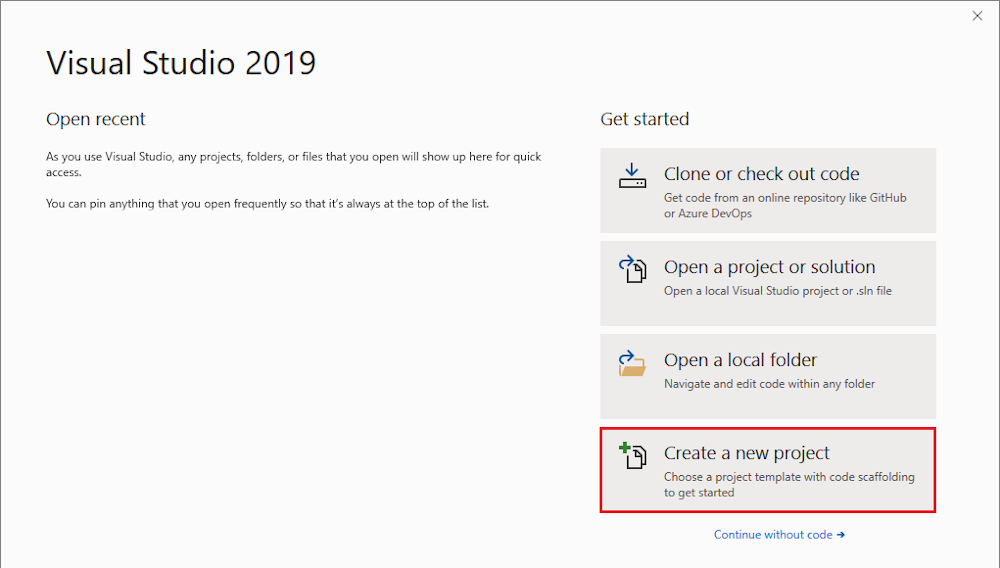 Create a new project from the start window