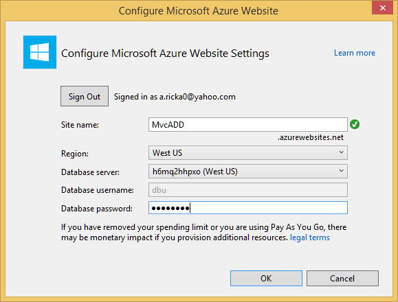 Screenshot of Configure Azure Website dialog, displaying auto-generated Site Name, Region, Database server, Database user name, and Database password.