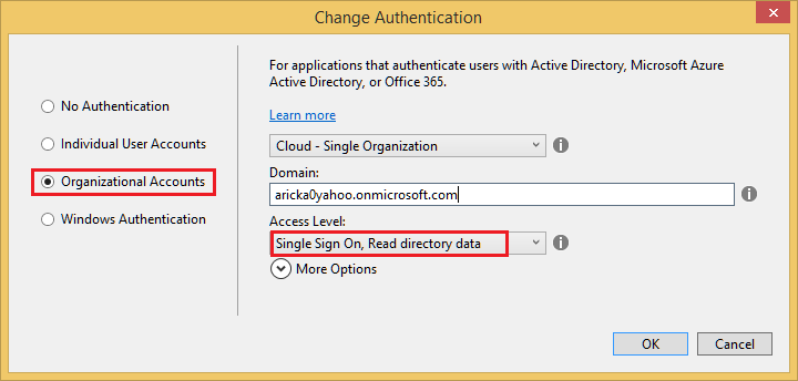 Screenshot of Change Authentication dialog; Organizational Accounts, Cloud dash Single Organization, and Single Sign On, Read directory data outlined.