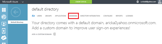 Screenshot of Azure portal, with Default Directory selected at left, DOMAINS highlighted in menu at right and directory domain name displayed below.