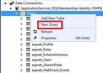 Screenshot of the Open Server Explorer to expand the Application Services connection to display the tables.