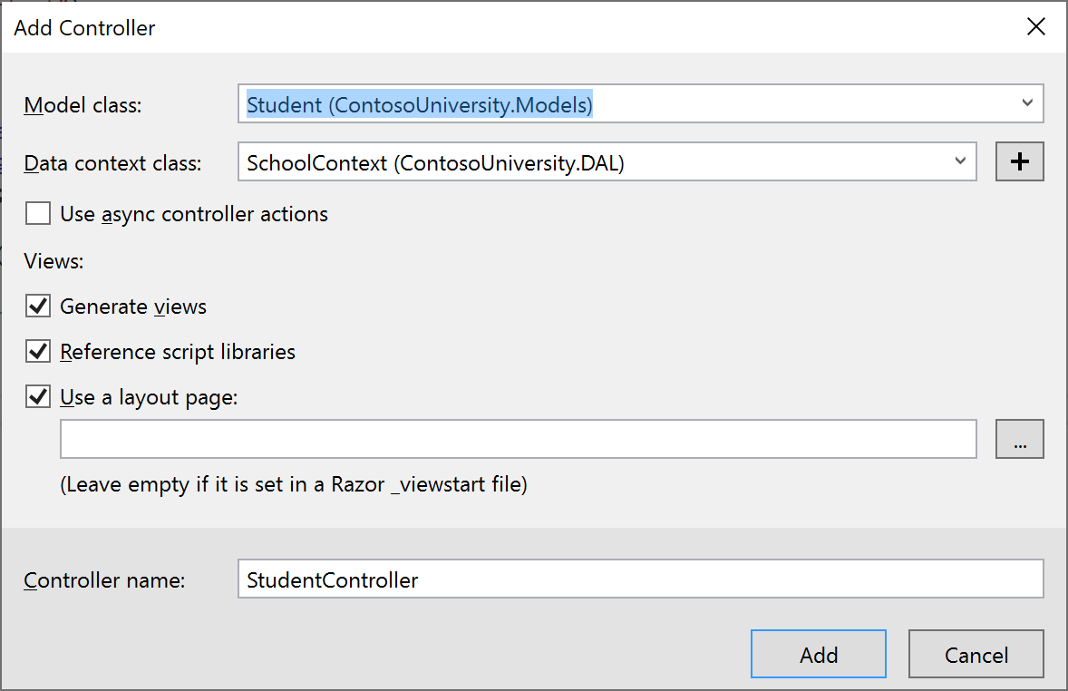 Add Controller dialog in Visual Studio