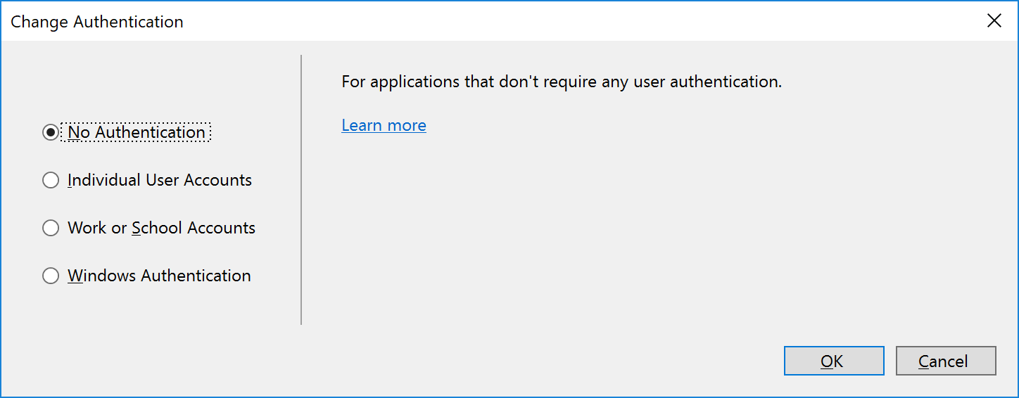 Change Authentication dialog box in Visual Studio