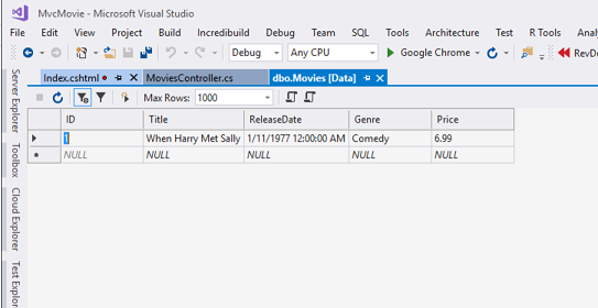 Screenshot that shows the M V C Movie Microsoft Visual Studio window. The d b o dot Movies Data tab is selected.