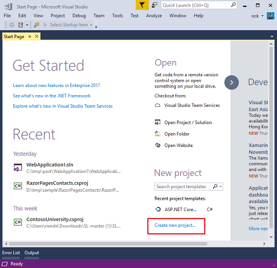 Screenshot that shows the Visual Studio Start Page. Create new project is circled in red.